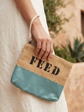 FEED Project Burlap Brown and Blue Top Zip Closure Wristlet Clutch Bag